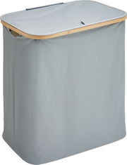 Grauer Wäschekorb/Wäschesammler aus Stoff mit Deckel und Bambusrahmen, schräg von vorne oben fotografiert