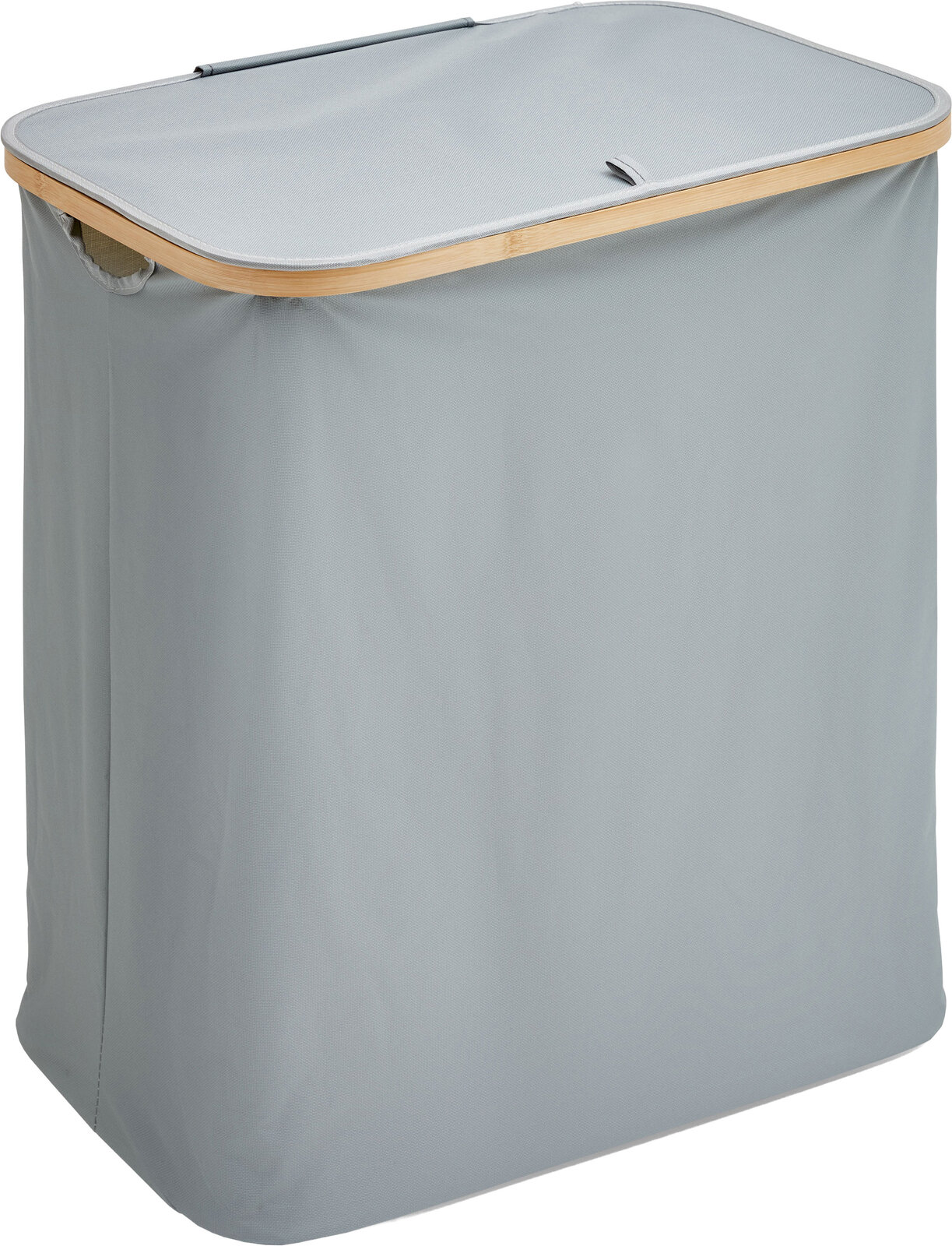 Grauer Wäschekorb/Wäschesammler aus Stoff mit Deckel und Bambusrahmen, schräg von vorne oben fotografiert