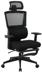 Schwarzer Chefsessel mit Netzrückenlehne und Kopfstütze, seitliche Perspektive