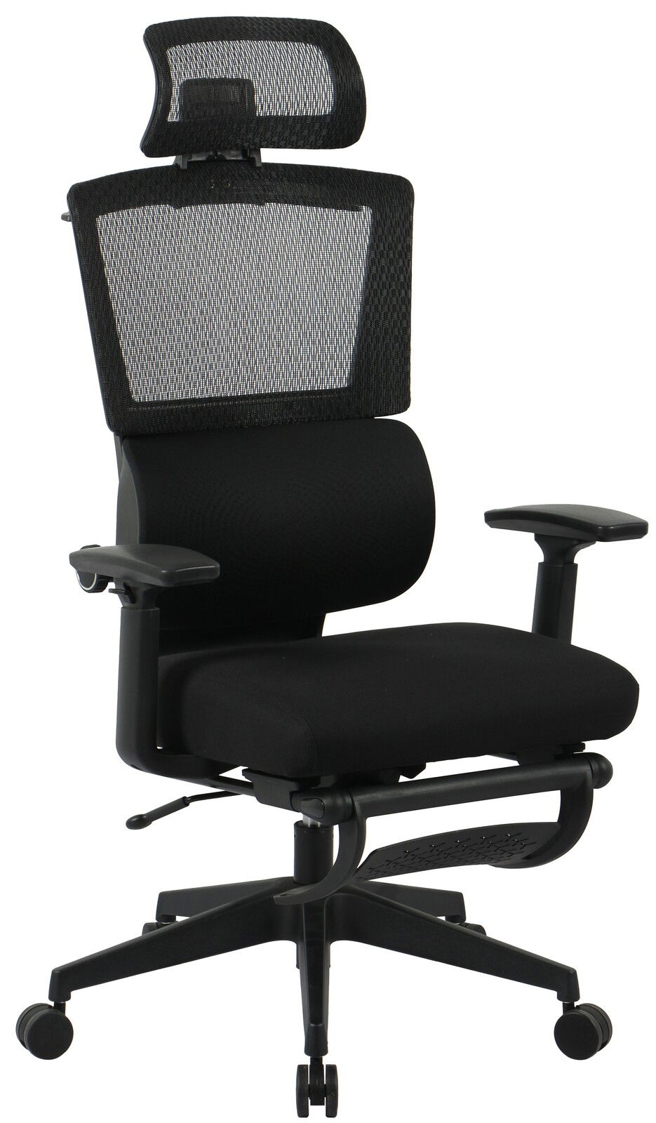 Schwarzer Chefsessel mit Netzrückenlehne und Kopfstütze, seitliche Perspektive