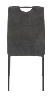 Rückansicht eines modernen, dunkelgrauen Stuhls mit Metallbeinen und einem Griff an der Rückenlehne.