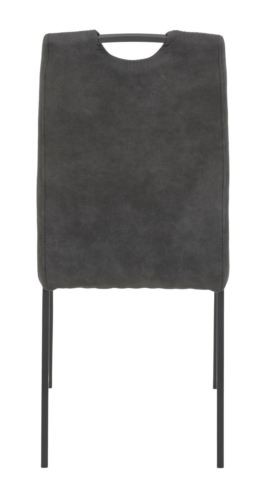 Rückansicht eines modernen, dunkelgrauen Stuhls mit Metallbeinen und einem Griff an der Rückenlehne.