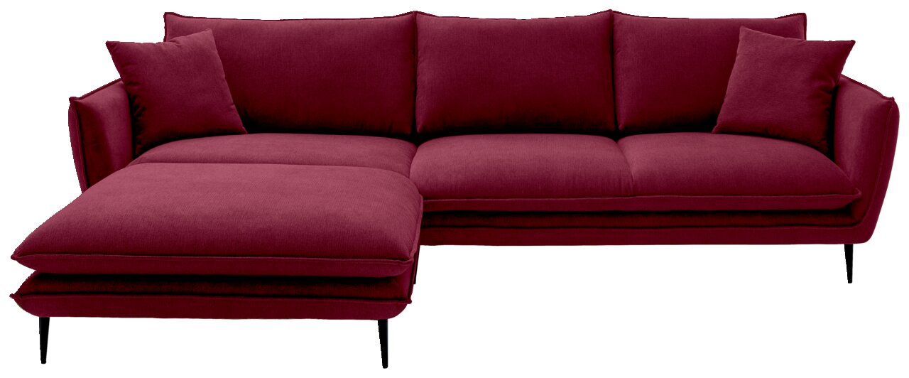 Bordeauxrode L-vormige hoekbank met chaise longue aan de linkerkant, drie rugkussens en twee sierkussens, op slanke zwarte metalen poten, vooraanzicht