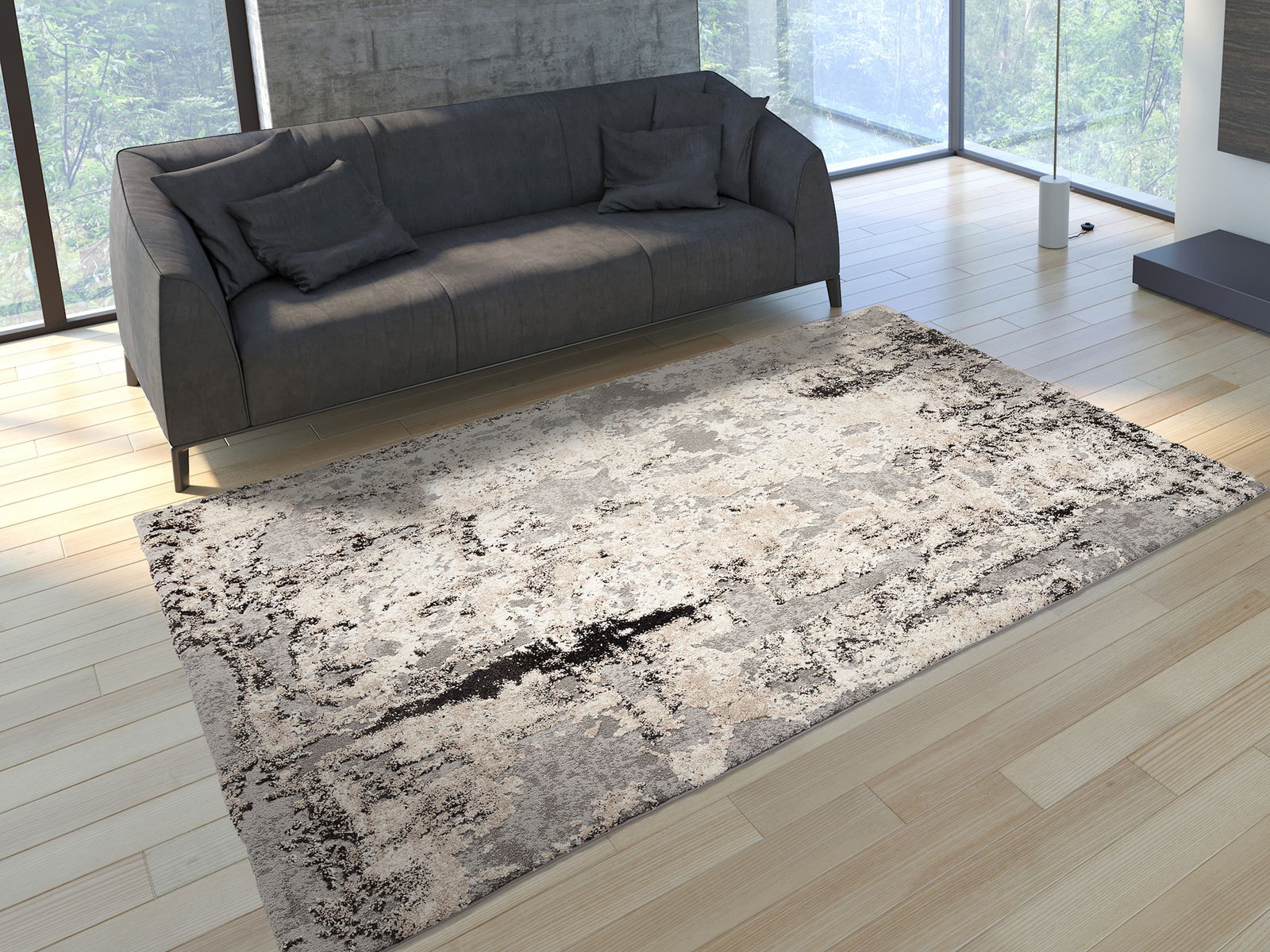 Moderner Designer-Teppich Juwel Liray in Beige- und Grautönen, ca. 65x130cm, in einem stilvollen Wohnzimmer mit Holzboden und grauem Sofa, aus der Vogelperspektive betrachtet.