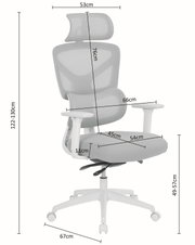 Ergonomischer Bürostuhl in Weiß/Grau mit atmungsaktiver Netz-Rückenlehne, Kopfstütze und Armlehnen, Maßeinblendungen (u. a. Gesamthöhe 122–130 cm, Sitzhöhe 49–57 cm), frontal in leichter Seitenansicht auf weißem Hintergrund.