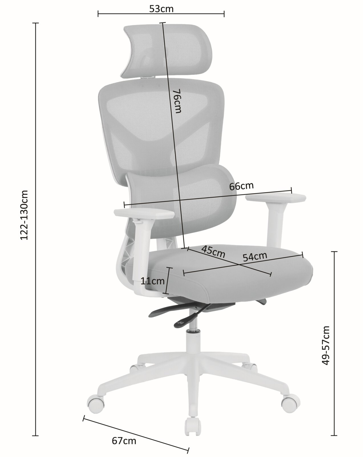 Ergonomischer Bürostuhl in Weiß/Grau mit atmungsaktiver Netz-Rückenlehne, Kopfstütze und Armlehnen, Maßeinblendungen (u. a. Gesamthöhe 122–130 cm, Sitzhöhe 49–57 cm), frontal in leichter Seitenansicht auf weißem Hintergrund.