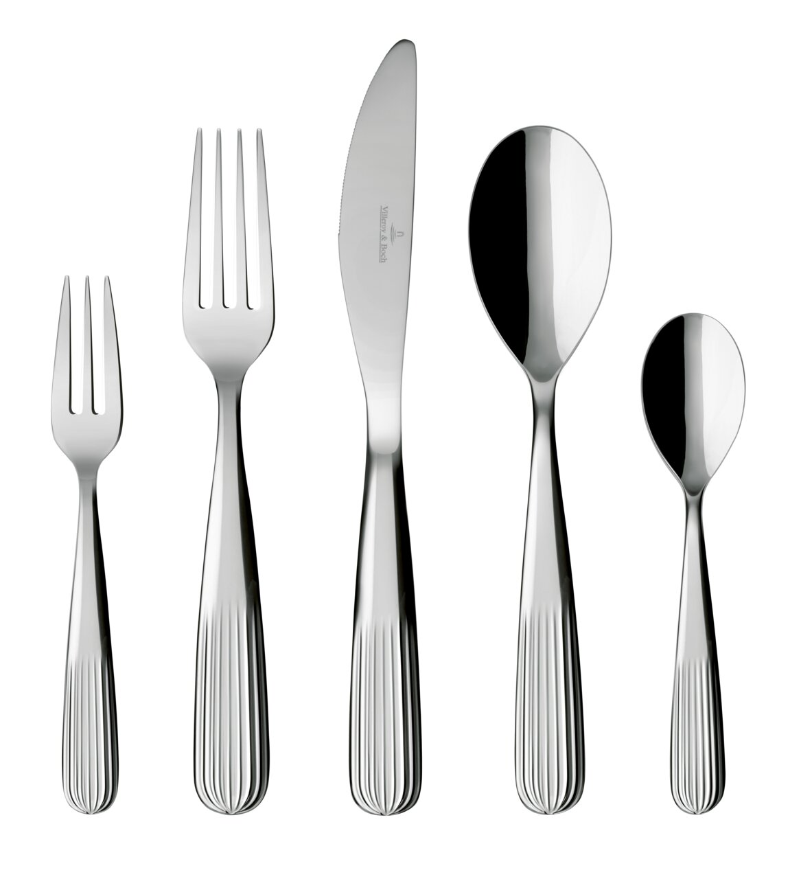 Set aus fünf Edelstahlbesteckteilen, bestehend aus Gabel, Messer, Löffel, Kuchengabel und Teelöffel, in Vorderansicht.