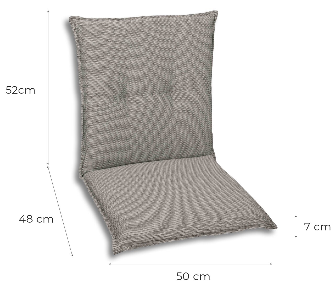 Niederlehnerauflage in Grau, Vorderansicht mit Abmessungen: 52 cm Höhe, 48 cm Sitzfläche, 50 cm Breite, 7 cm Dicke.