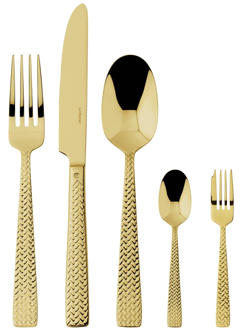 Gouden bestekset Cortina, bestaande uit mes, vork, lepel, theelepel en taartvork, gezien van voren.