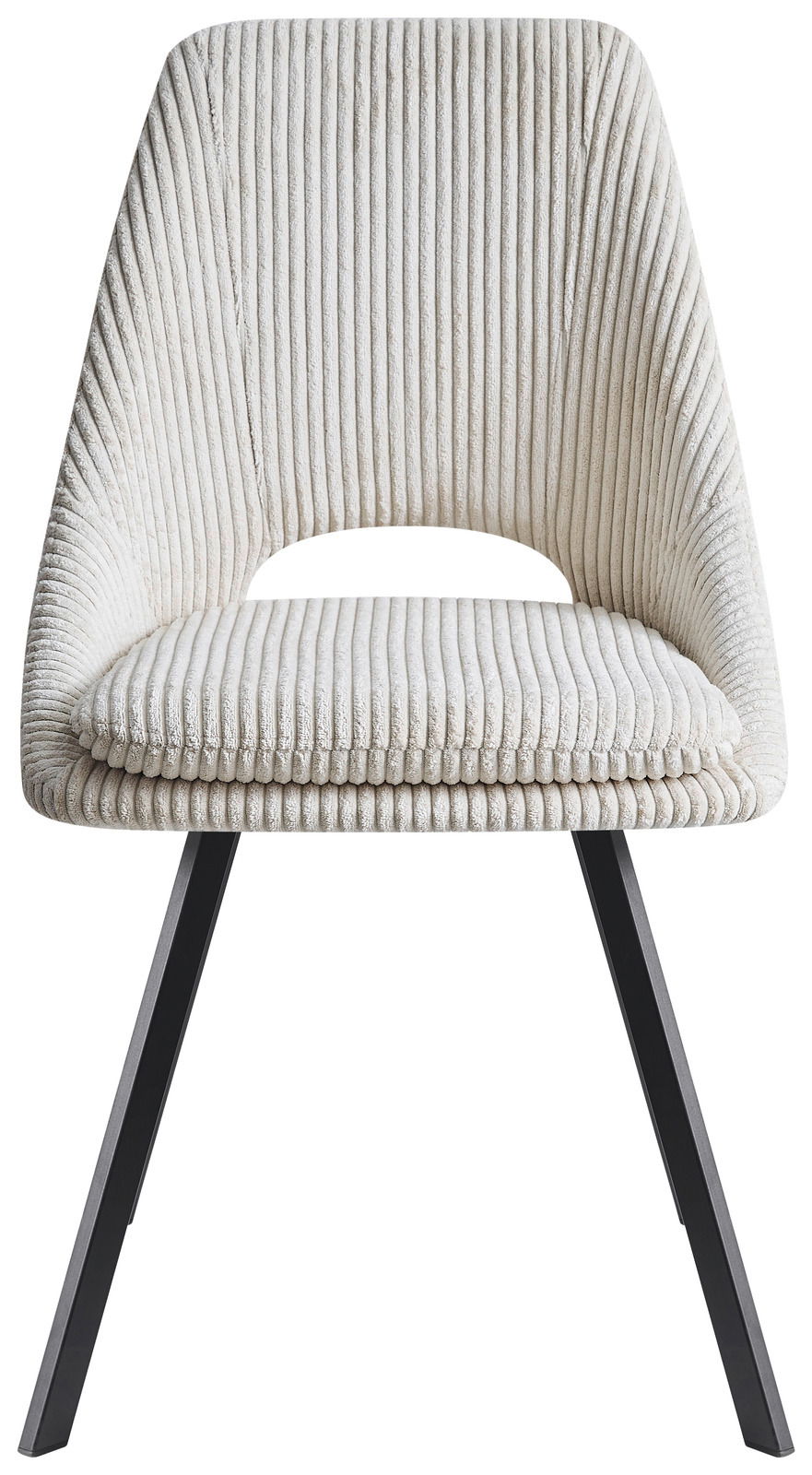 Moderner Stuhl mit geripptem, cremefarbenem Stoffbezug und schwarzen Metallbeinen, Frontalansicht.