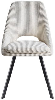 Moderner Stuhl mit geripptem, cremefarbenem Stoffbezug und schwarzen Metallbeinen, Frontalansicht.