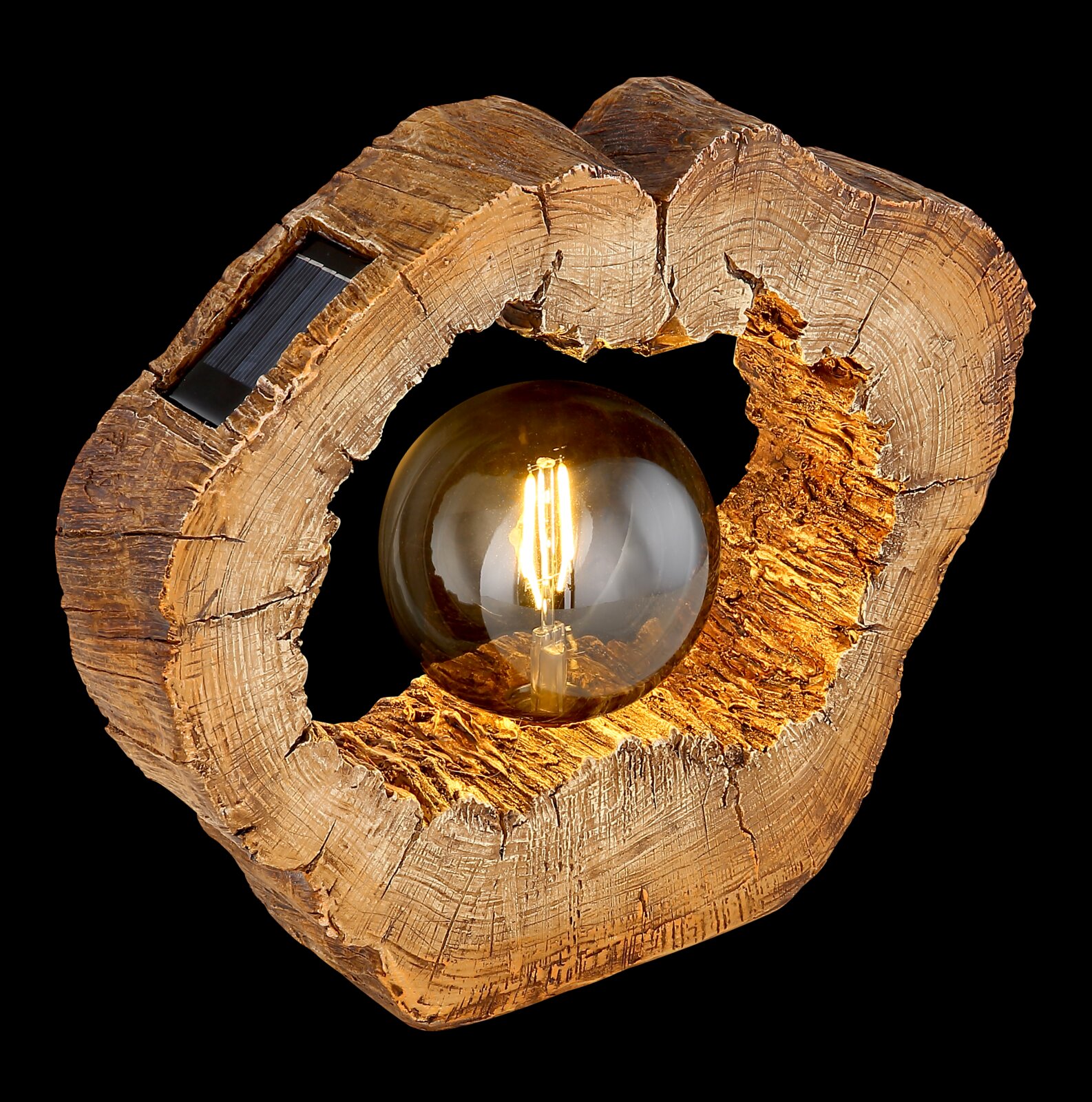 Solarleuchte in Holzoptik mit sichtbarem Leuchtmittel, seitliche Perspektive