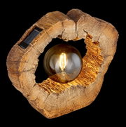 Solarleuchte in Holzoptik mit sichtbarem Leuchtmittel, seitliche Perspektive