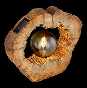 Solarleuchte in Holzoptik mit sichtbarem Leuchtmittel, seitliche Perspektive