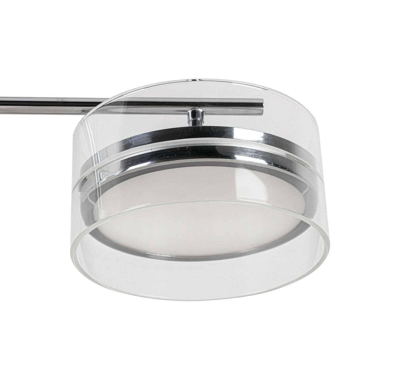 Moderne LED-Hängeleuchte mit transparentem zylindrischem Schirm und silbernen Akzenten, seitliche Perspektive