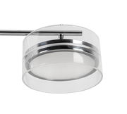 Moderne LED-Hängeleuchte mit transparentem zylindrischem Schirm und silbernen Akzenten, seitliche Perspektive