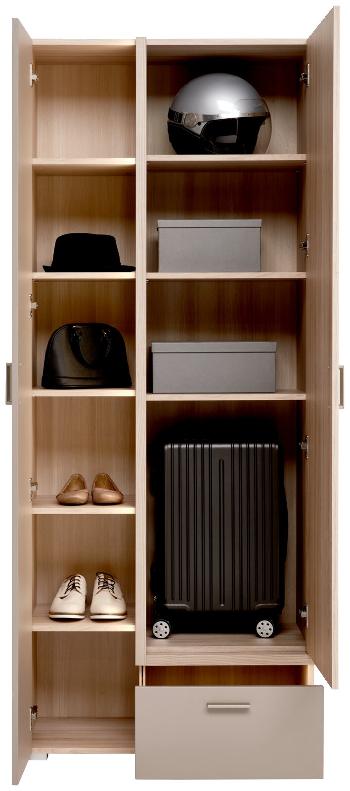 Offene Garderobenkombination mit mehreren Fächern, die einen Helm, einen Hut, eine Handtasche, Schuhe und einen Koffer enthalten. Frontalansicht.