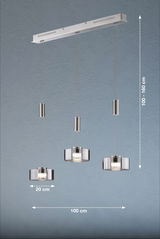 Moderne Pendelleuchte Lavin mit drei höhenverstellbaren Lampenschirmen aus Glas, Gesamtbreite 100 cm, Seitenansicht.