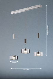 Moderne Pendelleuchte Lavin mit drei höhenverstellbaren Lampenschirmen aus Glas, Gesamtbreite 100 cm, Seitenansicht.