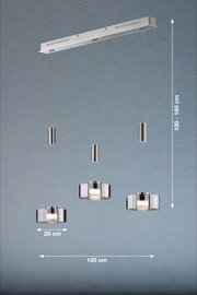 Moderne Pendelleuchte Lavin mit drei höhenverstellbaren Lampenschirmen aus Glas, Gesamtbreite 100 cm, Seitenansicht.