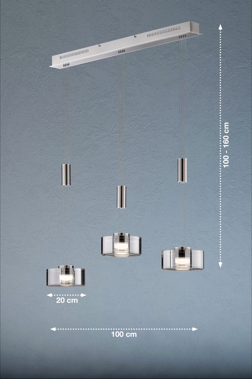 Moderne Pendelleuchte Lavin mit drei höhenverstellbaren Lampenschirmen aus Glas, Gesamtbreite 100 cm, Seitenansicht.