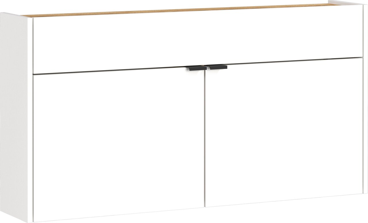 Moderner, weißer Hängeschuhschrank mit zwei Türen und Holzoberfläche, Frontalansicht