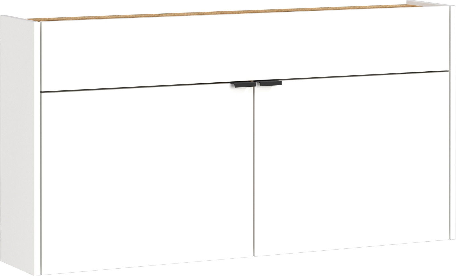 Moderner, weißer Hängeschuhschrank mit zwei Türen und Holzoberfläche, Frontalansicht