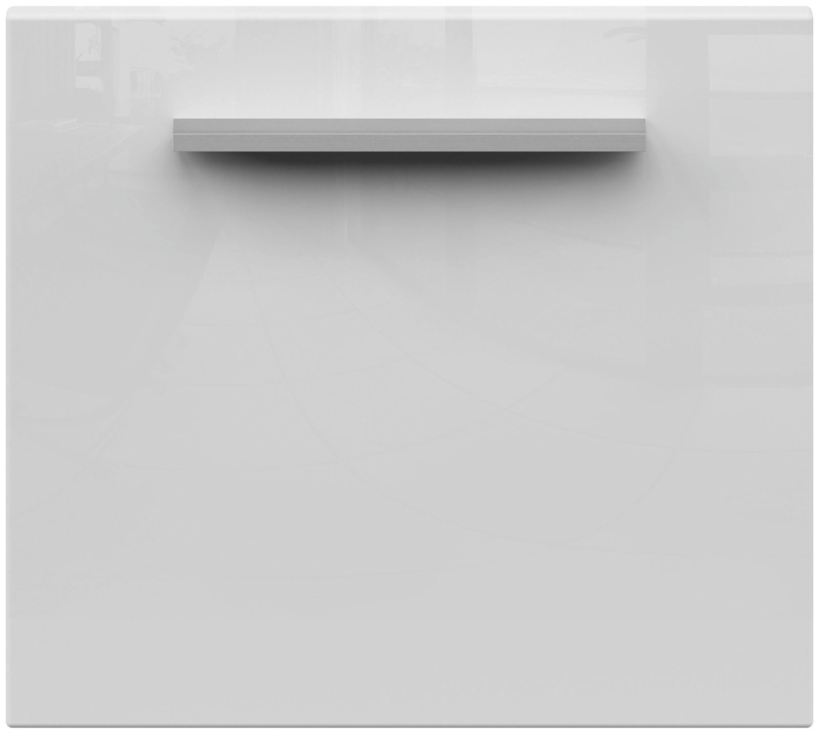 Frontansicht einer modernen, weißen Schublade mit einem schlichten Griff.