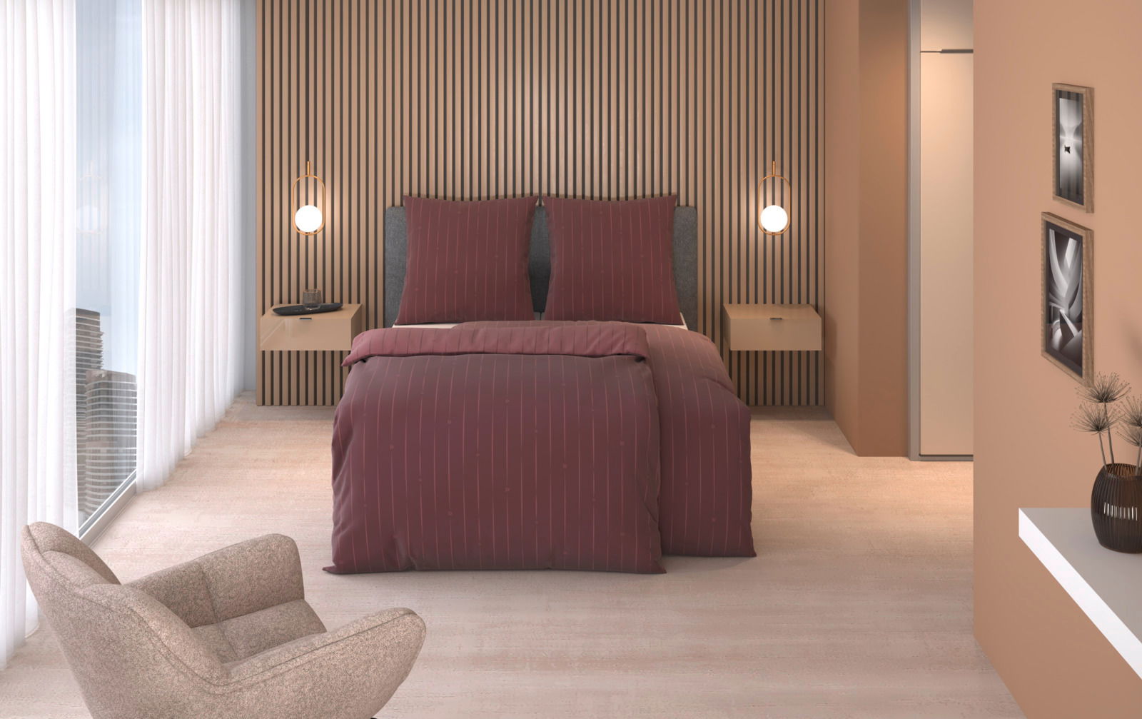 Schlafzimmer mit moderner Wendebettwäsche in Rot auf einem Doppelbett, umgeben von minimalistischen Nachttischen und hängenden Lampen, mit Blick aus der Frontperspektive.