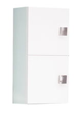 Weißer Oberschrank mit zwei Türen und modernen Griffen, seitliche Perspektive