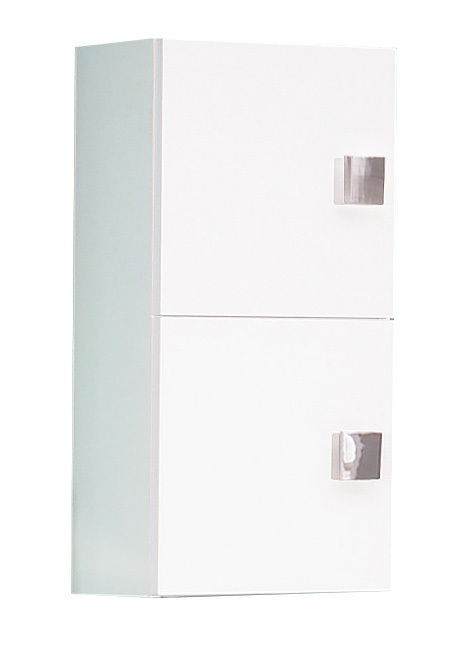 Weißer Oberschrank mit zwei Türen und modernen Griffen, seitliche Perspektive