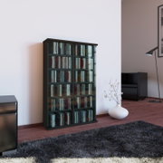 Schwarzes CD-/DVD-Regal mit transparenten Glastüren, gefüllt mit CDs, im Wohnzimmer an der Wand; Perspektive: frontale Ansicht leicht von links