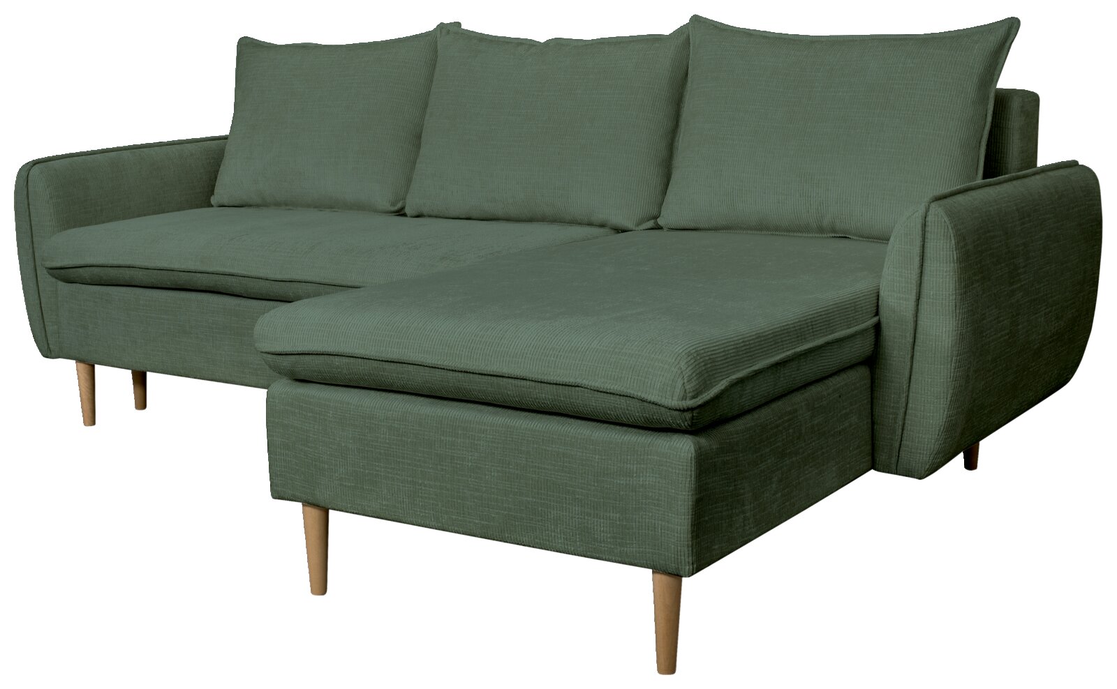 Grünes Ecksofa mit Holzbeinen, Perspektive von vorne links