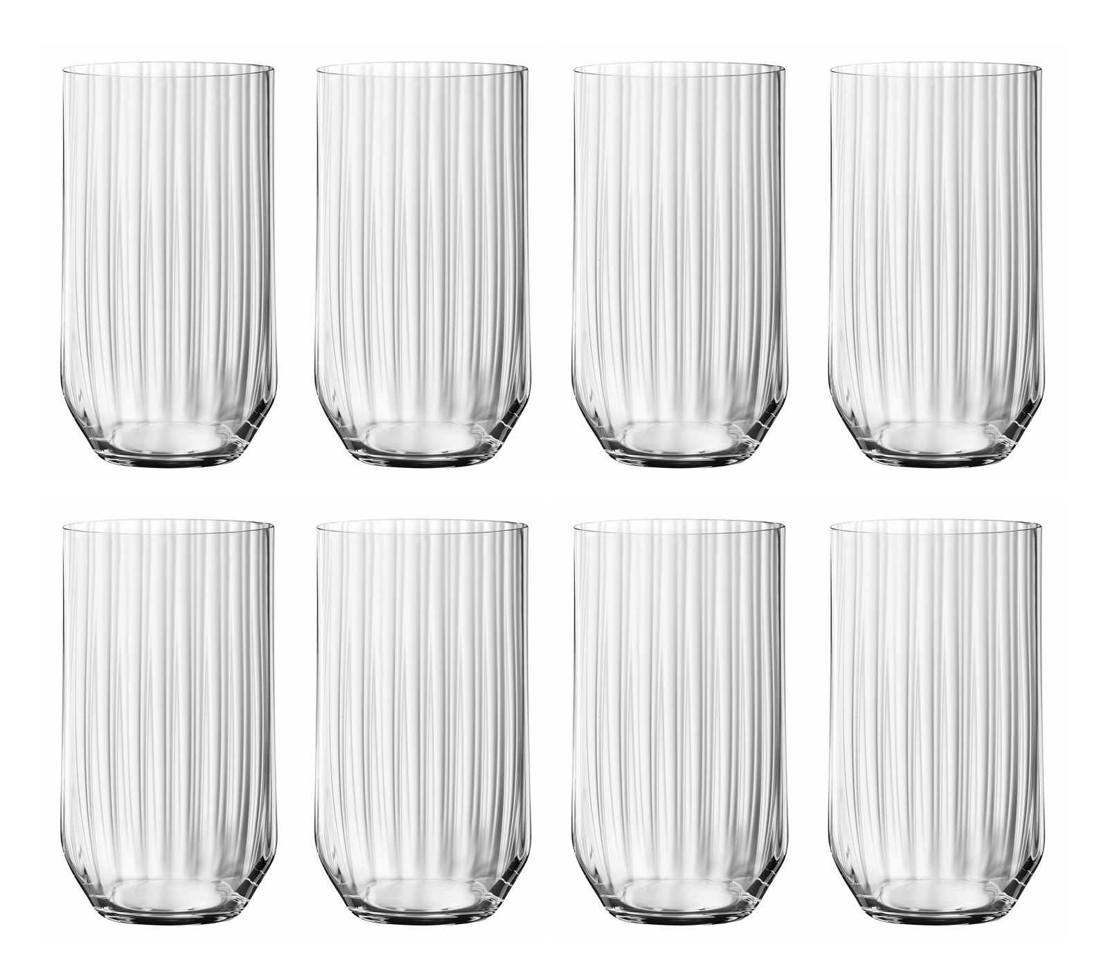 Acht Longdrinkgläser mit vertikalen Rillen, frontal angeordnet.