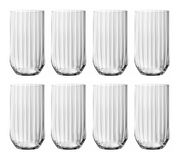 Acht Longdrinkgläser mit vertikalen Rillen, frontal angeordnet.