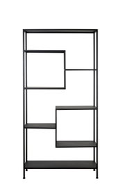 Modernes, offenes schwarzes Regal mit asymmetrischen Fächern, frontal abgebildet.