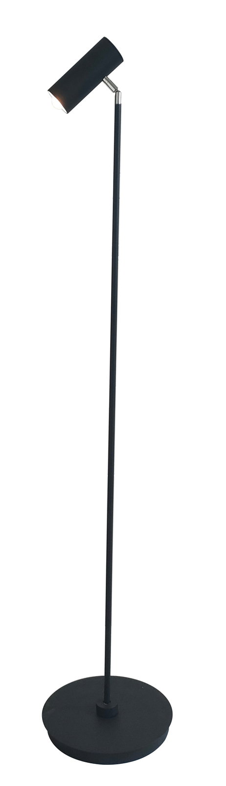 Schwarze Stehleuchte mit zylindrischem Lampenschirm, seitliche Perspektive