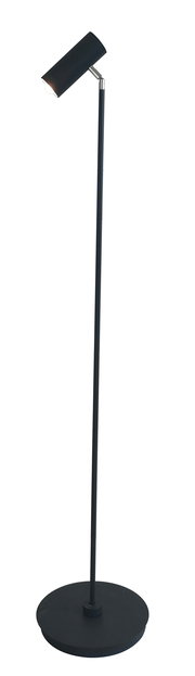 Schwarze Stehleuchte mit zylindrischem Lampenschirm, seitliche Perspektive