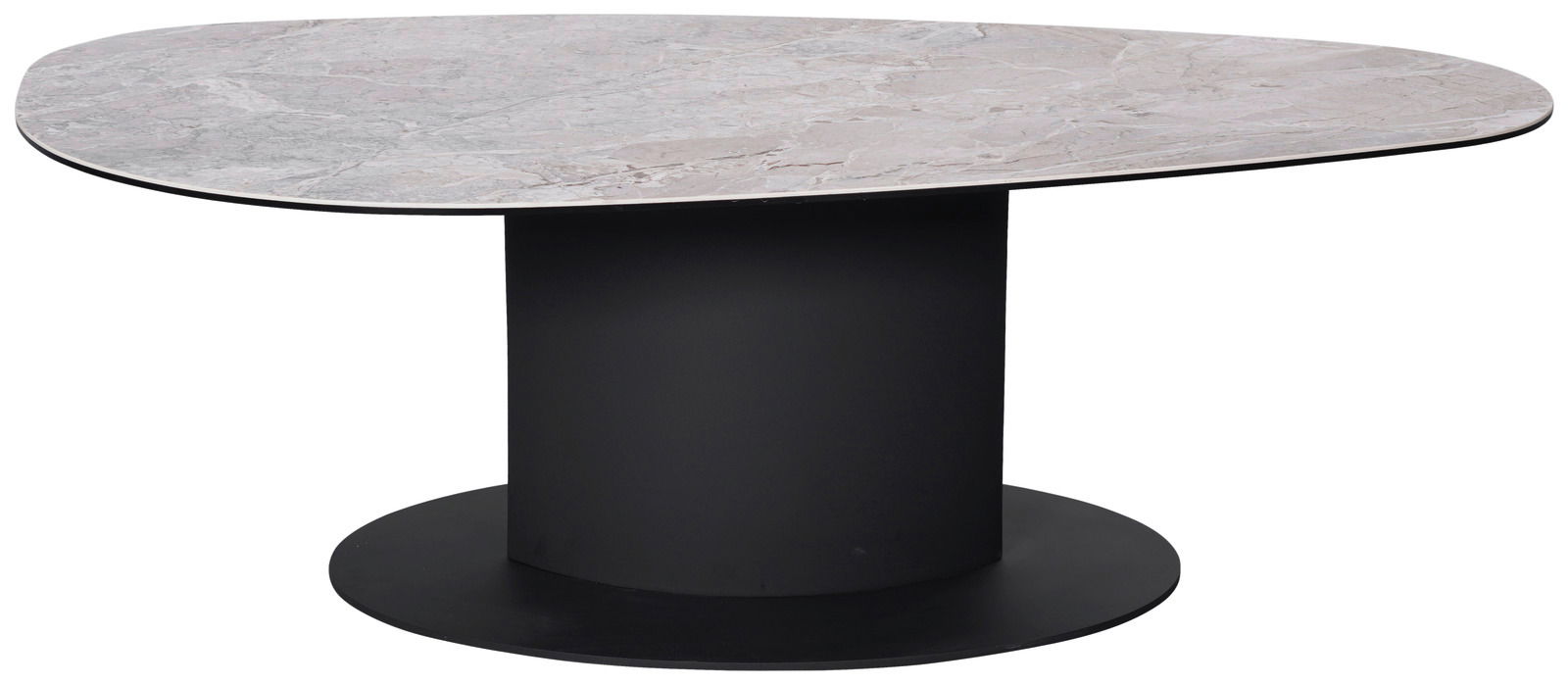 Moderner Couchtisch mit ovaler Marmorplatte und schwarzem, zylindrischem Sockel, seitliche Perspektive