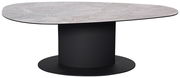 Moderner Couchtisch mit ovaler Marmorplatte und schwarzem, zylindrischem Sockel, seitliche Perspektive