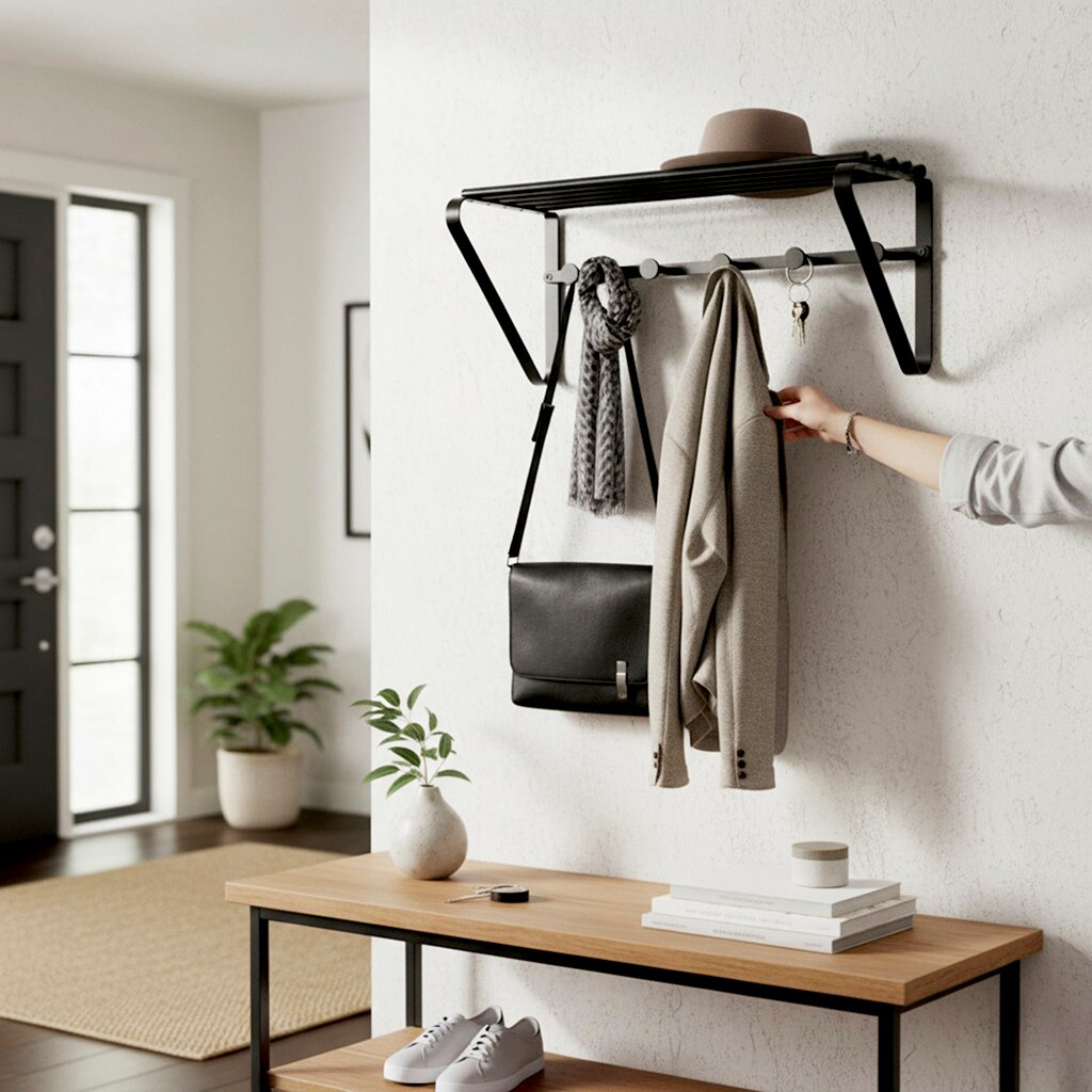 Schwarze Wandgarderobe aus Metall mit Ablage und Hakenleiste im Flur, mit Schal, Mantel und Tasche behängt; seitliche Perspektive leicht von rechts auf Augenhöhe.