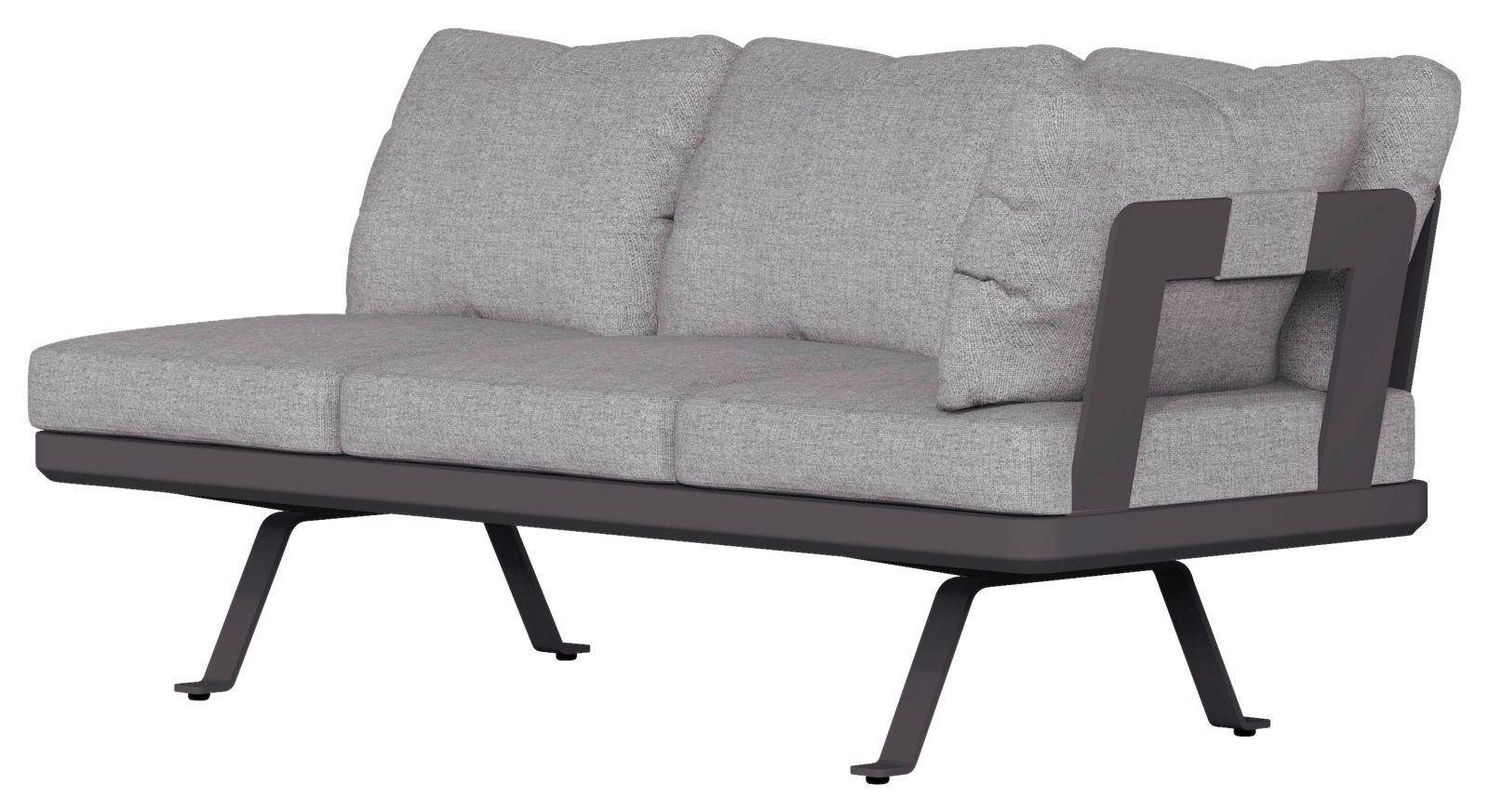 Graue Lounge-Rückenlehne mit modernem Design, seitliche Perspektive