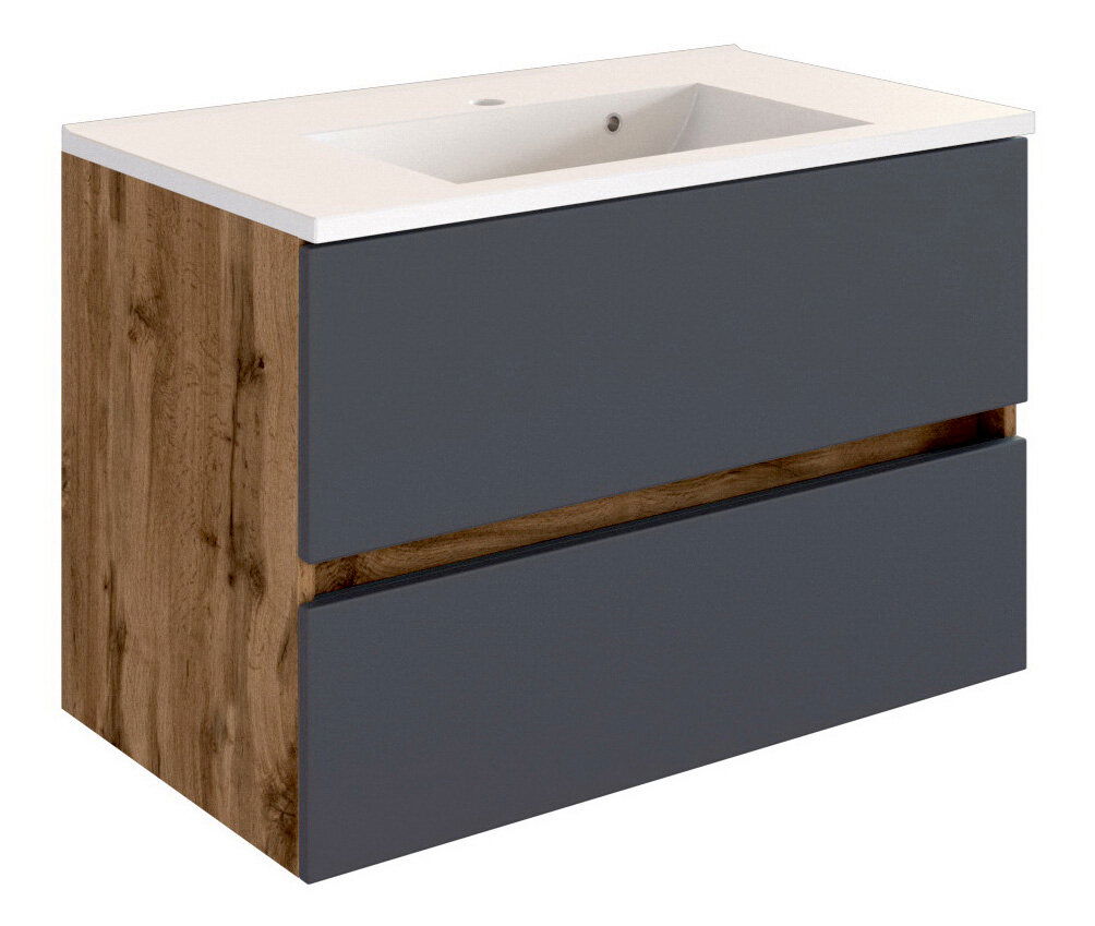 Moderner Waschplatz mit Holz- und Grautönen, seitliche Perspektive