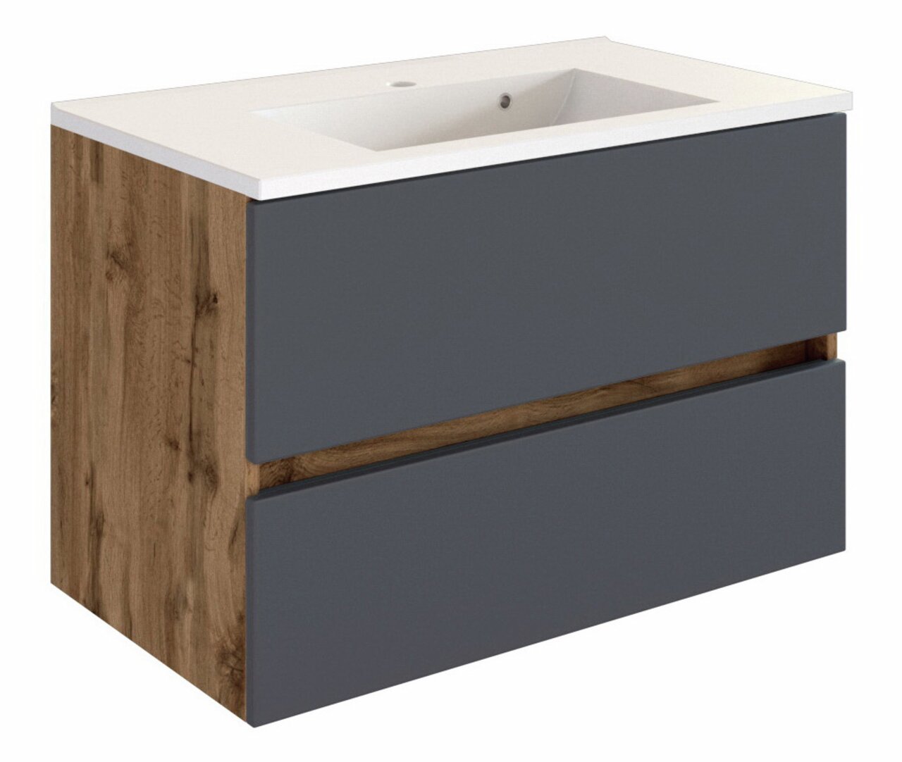 Moderner Waschplatz mit Holz- und Grautönen, seitliche Perspektive