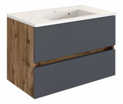 Moderner Waschplatz mit Holz- und Grautönen, seitliche Perspektive