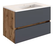 Moderner Waschplatz mit Holz- und Grautönen, seitliche Perspektive