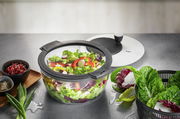 Salatschleuder ROTARE mit frischem Salat, von oben fotografiert, umgeben von Zutaten wie Granatapfelkernen und Frühlingszwiebeln.