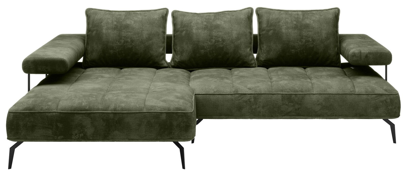 Grünes Longchair-Sofa mit drei Rückenkissen, frontal betrachtet.