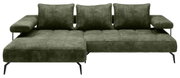 Grünes Longchair-Sofa mit drei Rückenkissen, frontal betrachtet.