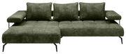 Grünes Longchair-Sofa mit drei Rückenkissen, frontal betrachtet.